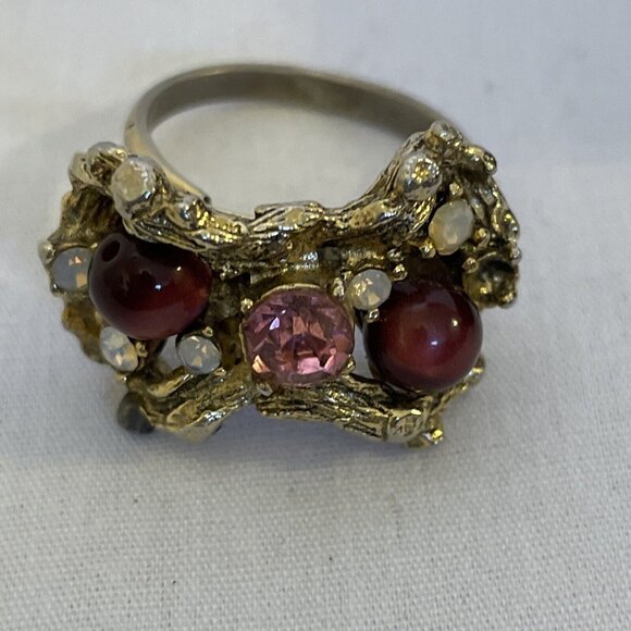 Adjustible Ring with Pink and Rainbow Crystals and Maroon Stones Novelty - Picture 2 of 8